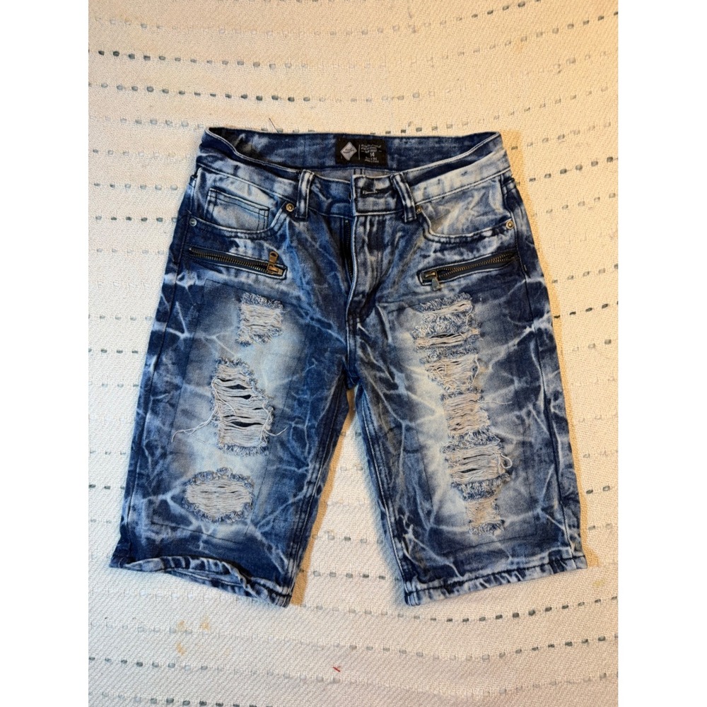 Road Narrows Boys Acid Wash Distressed Denim Shorts Blue Size 14 Zipper Pockets